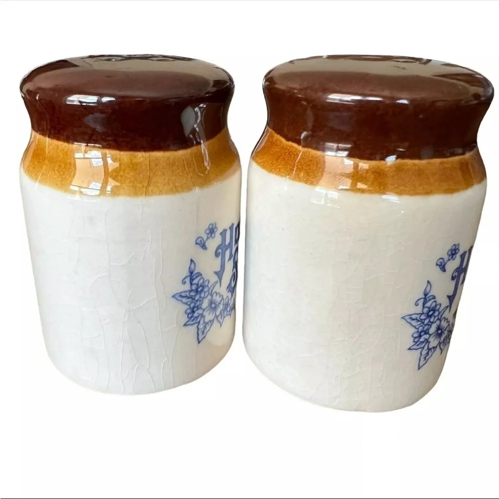 Vintage Emson Home Sweet Home Salt & Pepper Shakers. 1970s Brown Crock Stoneware